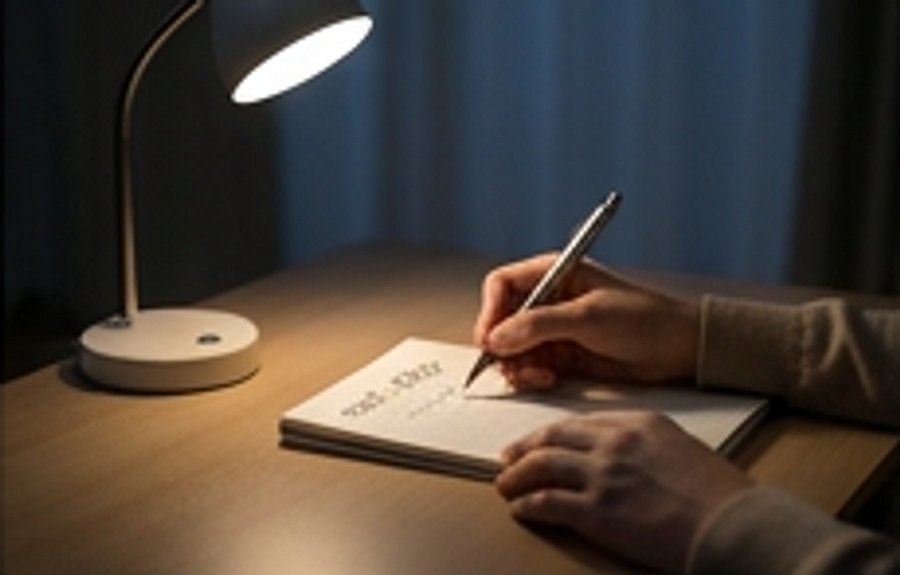 夜、デスクライトの下でノートに次のステップを書き込む手元