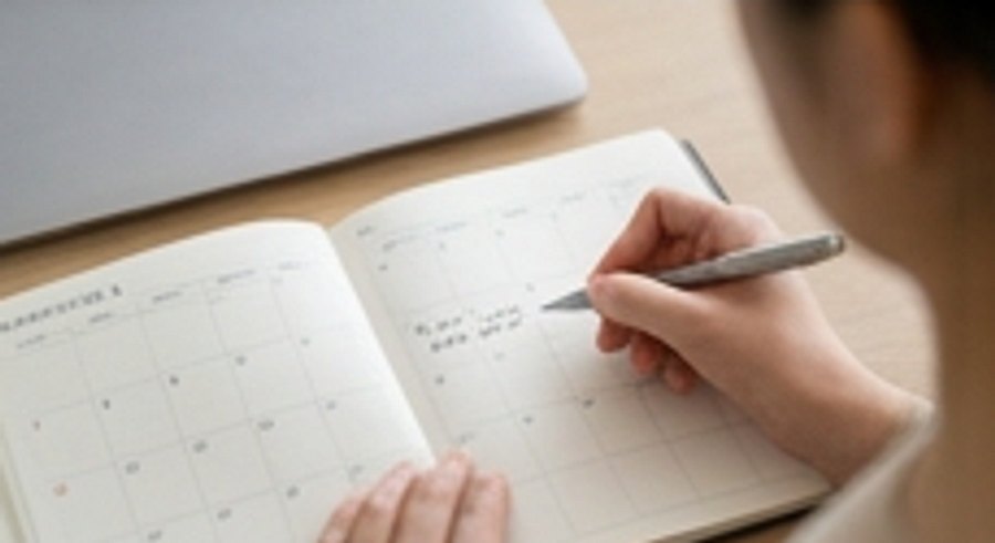 カレンダーに1ヶ月のスケジュールを書き込む手元