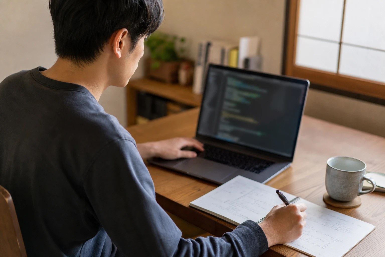 コードエディタを見ながらノートに学習メモを取る様子